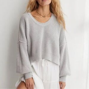 Aerie Beyond Cropped Slouchy Ribbed Sweater Gray Sz L